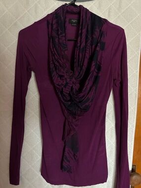 Deletta Magenta Purple Long Sleeve Top with Patterned Scarf Detail
